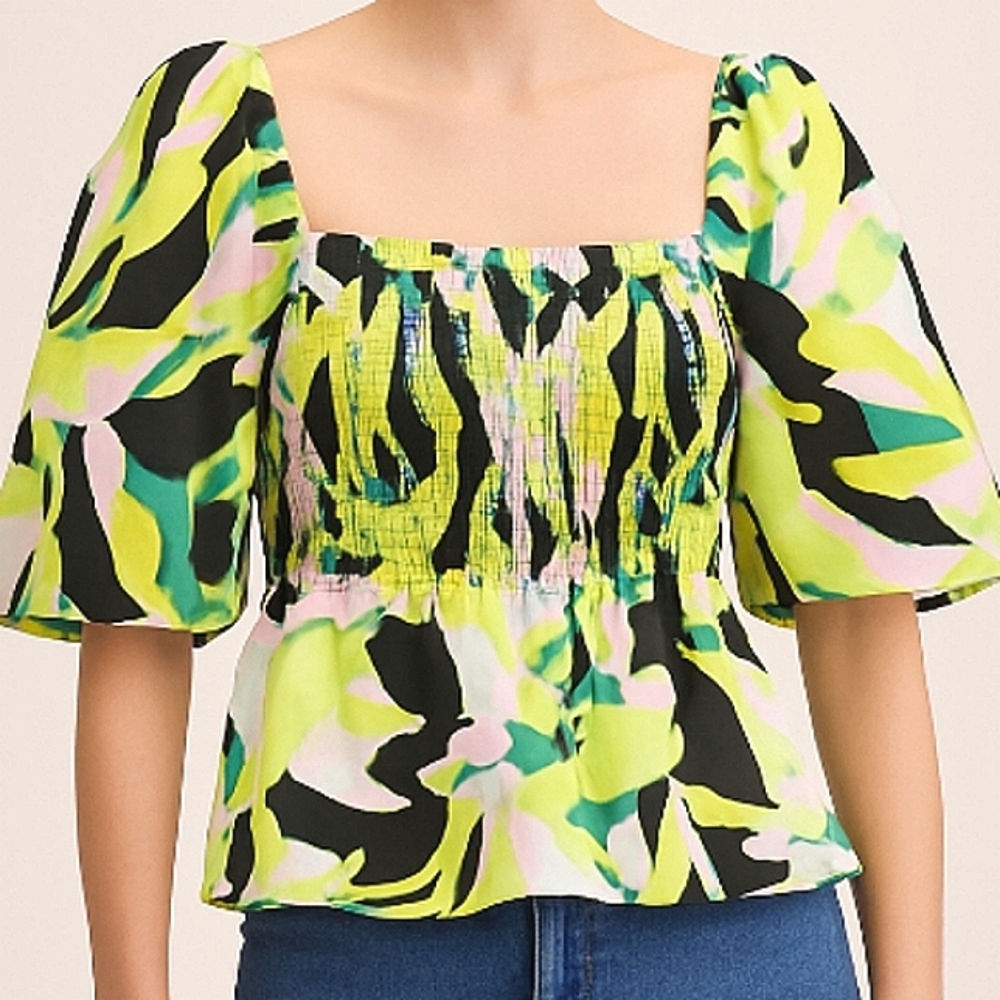 Crosby By Mollie Burch  Smocked Square Neck Abstract Top Puff Sleeves Large